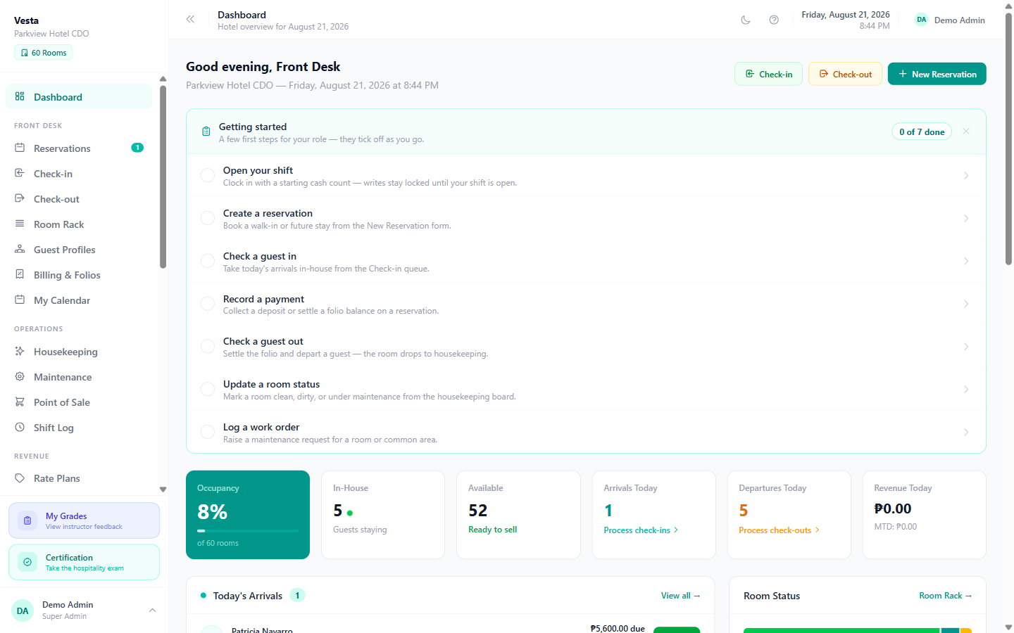 The front-desk command center — Vesta screenshot