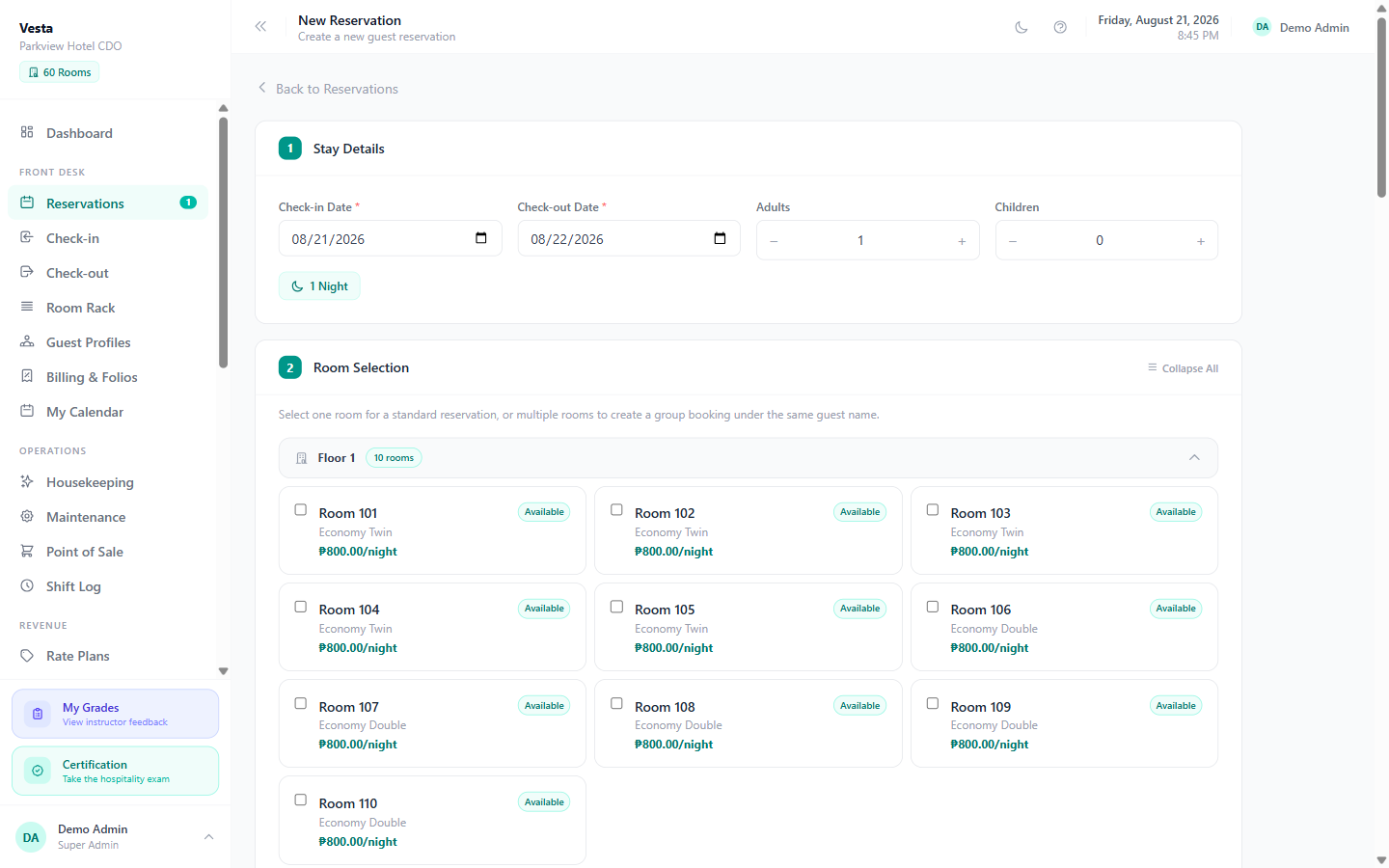 Date-aware booking, like the real world — Vesta screenshot
